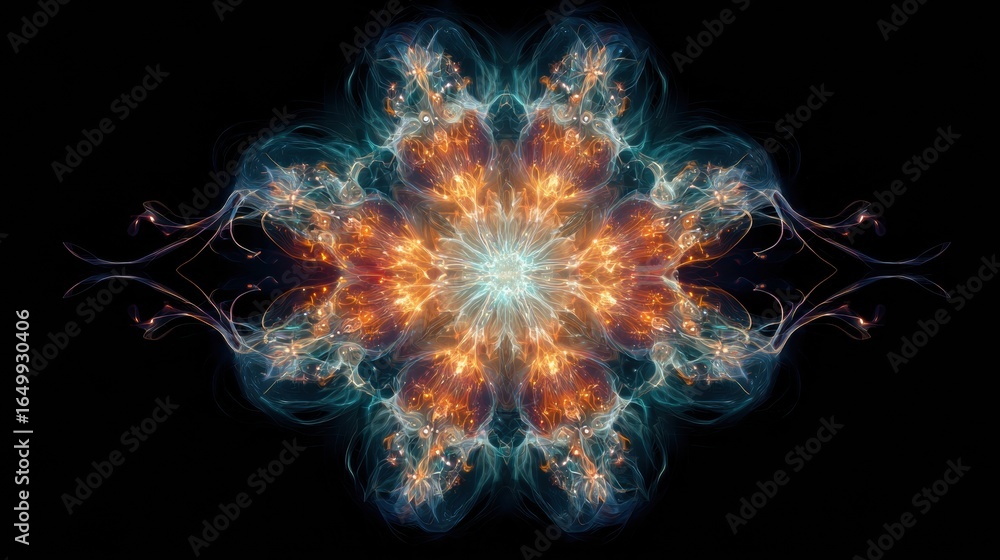 Poster colorful abstract design with intricate patterns radiating from a central point in a dark background
