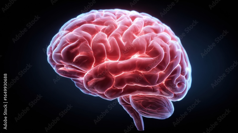 Poster brain illustration showing intricate details in soft lighting against a dark backdrop, highlighting 