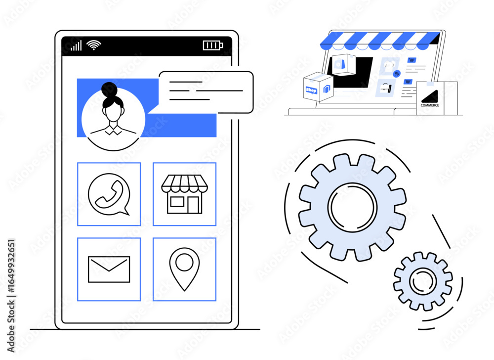 Poster smartphone displaying e-commerce app options with messaging, shopping icons, and navigation tools. s