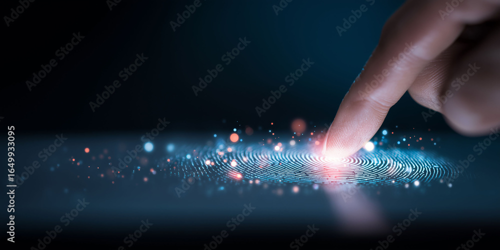 Poster index finger touching a screen that recognizes a fingerprint
