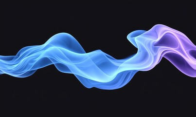 Fototapeta premium Ethereal wave of blue and purple smoke-like forms flows horizontally across a dark background, creating an abstract and calming visual effect