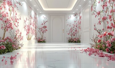 Opulent white hallway adorned with vibrant pink blossoms, branches creeping up walls. Light pours in, highlighting marble floors strewn with petals. Elegant, serene, and inviting space