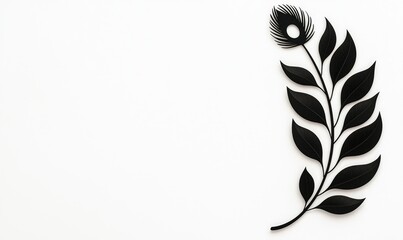 Obraz premium Stylized black quill or feather with leaf-like structures arranged along a curved stem, creating an elegant, symmetrical motif against a plain white background