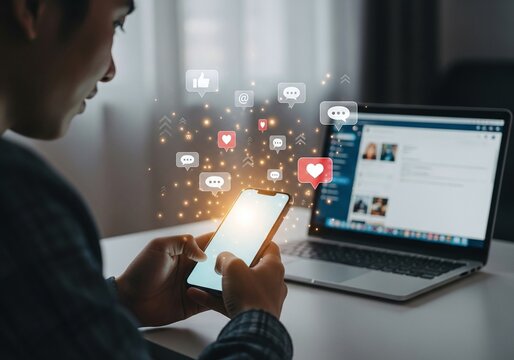 Young man using smartphone with social media icons and laptop in background showcasing modern digital communication