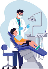 Dentist examining young boy patient in dental chair with modern equipment and professional care vector illustration