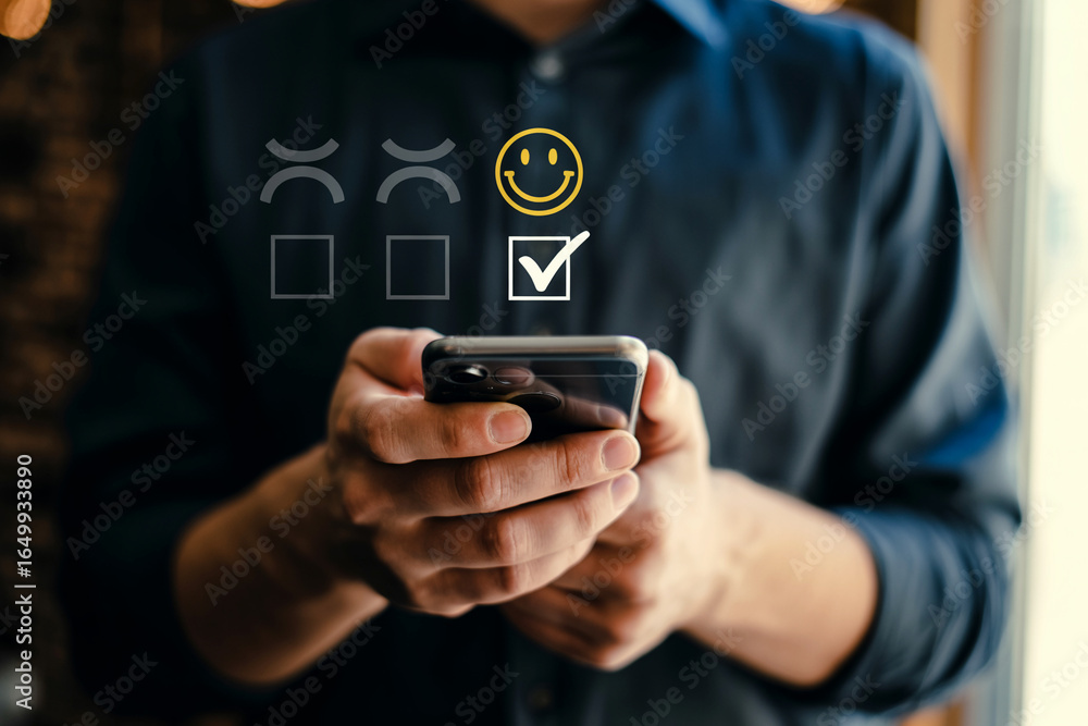 Poster customer satisfaction survey being completed on a smartphone with a smile selected as a positive use