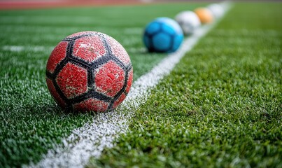 Soccer balls lined up on a field's edge