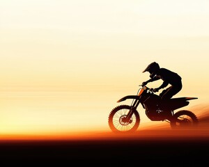 Silhouette of a dirt bike rider speeding across a golden landscape, dust flying. A sense of motion and speed. Warm tones evoke adventure and freedom
