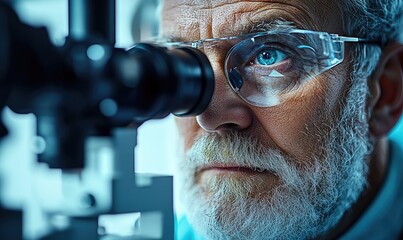 Close-up of senior scientist using sophisticated ophthalmology equipment. Focused, serious expression