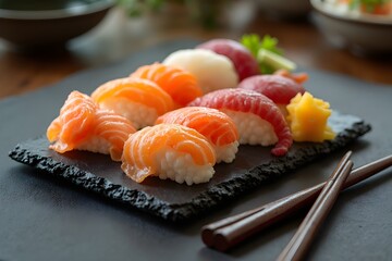 Assorted Fresh Sushi Nigiri with Salmon and Tuna on Black Slate Plate
