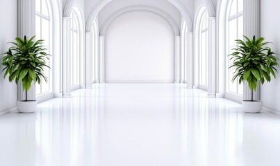 Bright, arched hall with glossy white floor, punctuated by tall windows and two potted plants. Reflective surface amplifies light. Minimalist and elegant