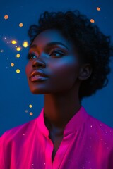 Woman with curly hair wearing pink shirt, looking up with magical light particles floating in air. Portrait of beautiful woman, ethereal, glowing, elegance