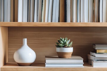 Close-up of a wooden bookshelf with books, a white vase, and a potted succulent plant.