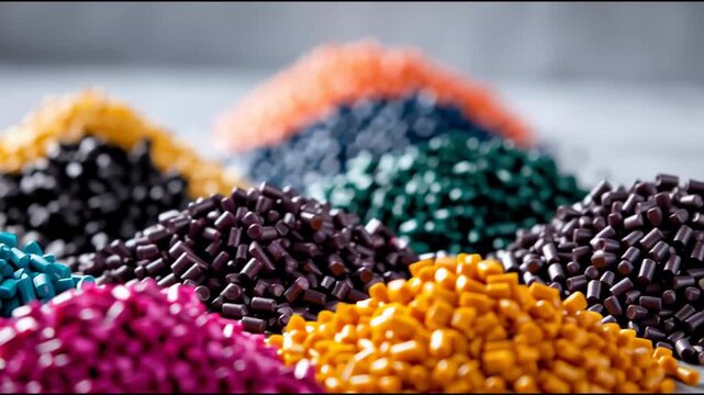 Brightly colored plastic pellets in various shades, neatly arranged in piles on a smooth surface, ideal for illustrating polymer production, material processing, or industrial manufacturing concepts.