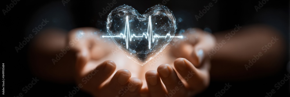 Poster conceptual representation of heart health and vitality with glowing heart shape and pulse line in ha