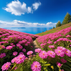 Vibrant Floral Landscape with Pink Flowers and Blue Sky