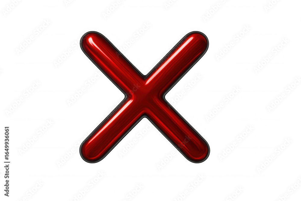 Poster glossy red cross with dark grey border symbolizing rejection or disapproval on a transparent backgro