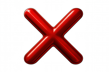 Red glossy cross symbolizing rejection, disapproval, or wrong answer, isolated on a transparent background