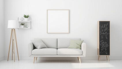 Modern minimalist living room with a light gray sofa a tall wooden floor lamp and a blank framed picture on a white wall