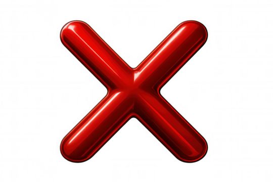Red glossy cross symbolizing rejection, disapproval, or wrong answer, isolated on a transparent background