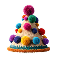 Unique festive party hat with vibrant colorful pom poms, perfect for celebrations and events