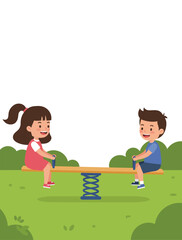 Children playing on seesaw in green park outdoors with happy expressions and casual clothes vector illustration