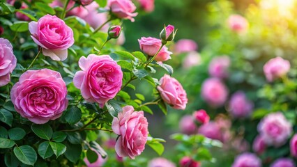 Obraz premium Pink rose bush with lush green foliage in a garden setting , garden, flowers, garden, flowers