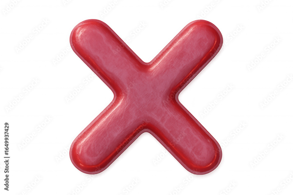 Poster glossy red x symbol signaling error, rejection, or incorrect response against transparent backdrop