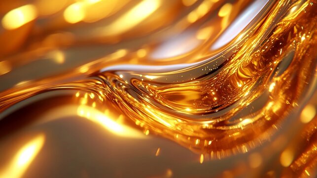 Gold liquid flow wave abstract background luxury energy sparkle particle light molten metal rich golden fluid glitter motion design wallpaper
