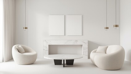 Serene minimalist living room featuring two textured cream armchairs flanking a modern fireplace with a marble coffee table