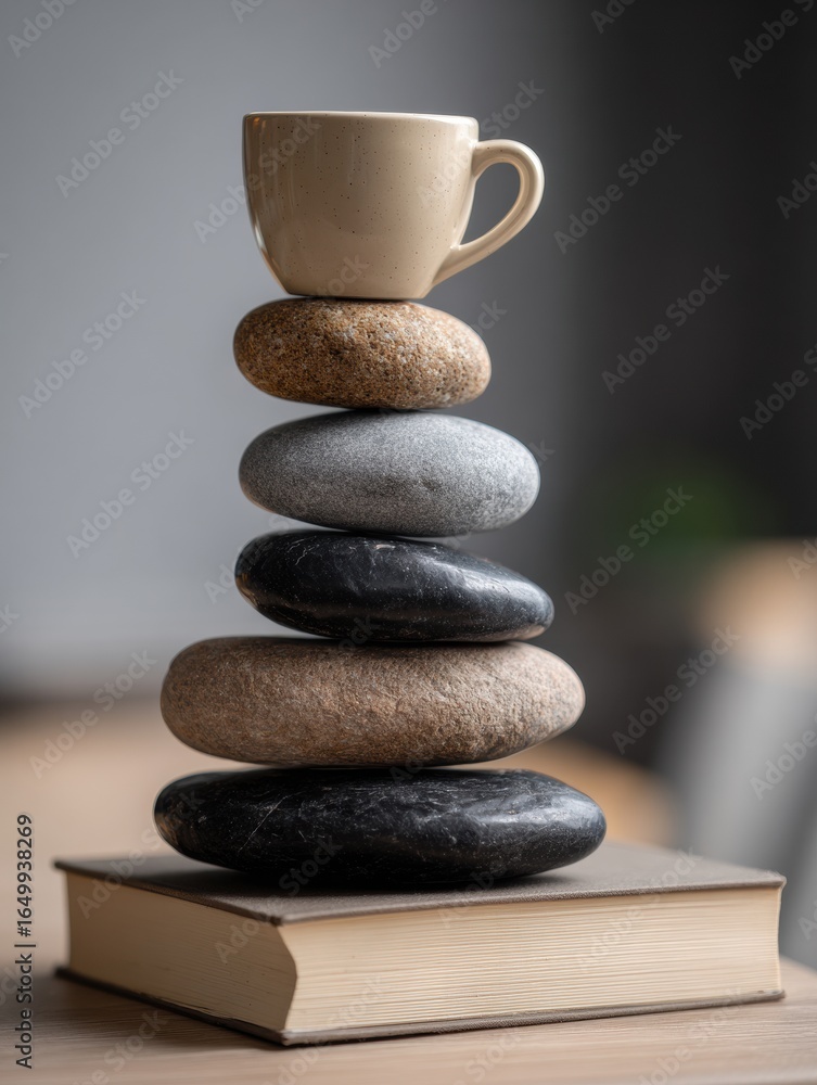 Poster stack of stones topped with a cup on an open book creating a minimalist aesthetic in a cozy indoor s