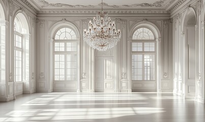 Ornate white room with a large crystal chandelier, featuring arched windows and decorative molding. Light streams in, casting shadows across the shiny floor. A tall, narrow door is centered
