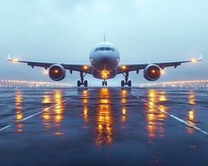 Large passenger jet on a wet runway at dawn