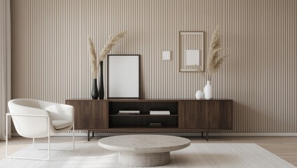 Modern living room with sleek dark wood media console white armchair and textured wall