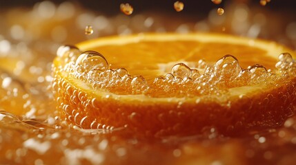 Close Up Of Orange Slice In Water With Bubbles And Droplets Of Water On The Surface Of Water Around The Orange Slice On A Bright Background With Water And Air Bubbles All Around The Orange Slice. It