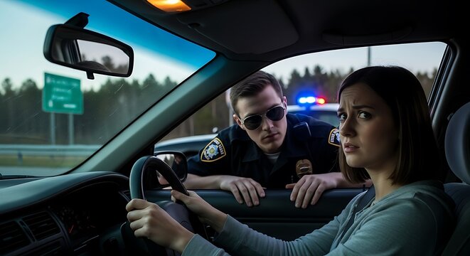 Anxious Driver Pulled Over: Police Officer Interaction with Concerned Woman in Car