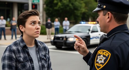 Anxious Youth Receives a Stern Warning from a Pointing Police Officer on a City Street.
