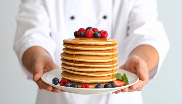 Professional chef presenting a delicious stack of freshly made pancakes topped with mixed berries and sweet maple syrup for a gourmet breakfast.