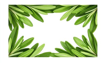 Fresh green leaves create a rectangular frame against a white background