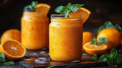 Closeup Of Refreshing Fruit Smoothie In Jar With Mint And Citrus Slices