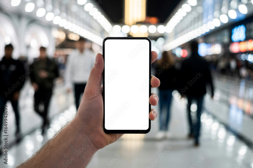 Poster holding a smartphone with white screen in busy airport terminal with blurred passengers walking by f