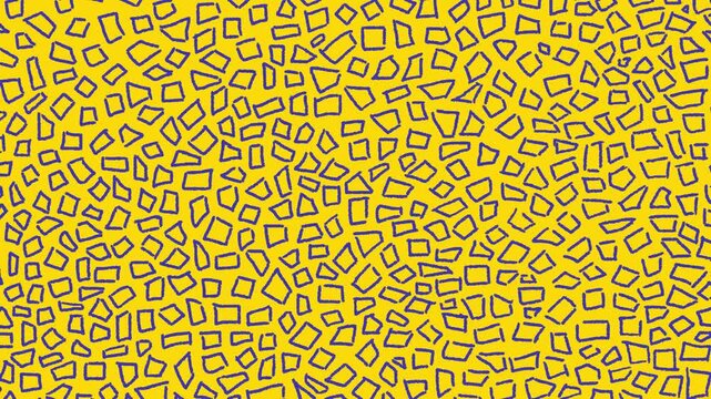 Abstract animated texture with hand-drawn blue shapes on a vibrant yellow background. Seamless loop video ideal for creative projects, presentations, and dynamic graphic design backgrounds.