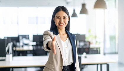 Obraz premium Smiling Asian Businesswoman Extending Hand for a Handshake