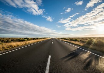 Naklejka premium Endless Asphalt: A journey into the horizon on the open road under a vast sky