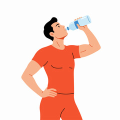 Illustration of a man hydrating with water bottle, emphasizing health, fitness, and active lifestyle through proper fluid intake and wellness.