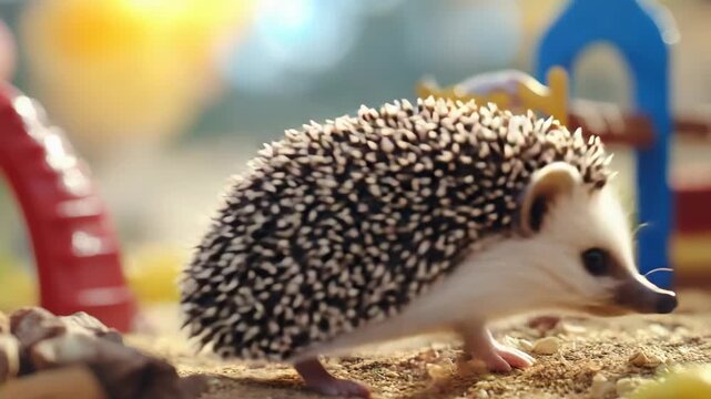 Smiling hedgehog exploring colorful playground.