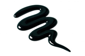 Naklejka premium Glossy black nail polish streaming in graceful wave across transparent surface, highlighting cosmetic elegance and sleek design
