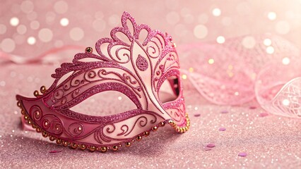 Elegant pink masquerade mask with glitter and ornate design on sparkling background, perfect for carnival, party or festive celebration