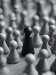 Gray gaming pieces and a black meeple, diversity concept