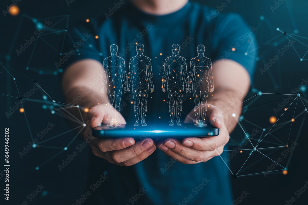 Poster man holding smartphone displaying human body digital network and data analysis for healthcare and te